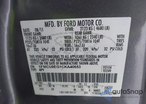 2012 Ford Escape Limited из США, поврежденный, VIN 1FMCU9EG1CKA40653